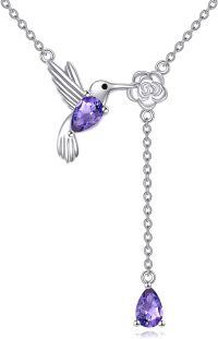 wholesale 925 Sterling Silver Purple Crystal Hummingbird & Flower Pendant Chain Necklace for Women Girls  43cm-68cm Length Adjusted-Hummingbird Necklace