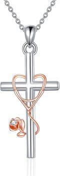 wholesale 925 Sterling Silver Cross with Rose and Heart Pendant Necklace for Women-0-0