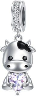 wholesale  925 Sterling Silver & Alexandrite Cow Charm Bead with White Zircon - 9.7x14.5mm June Birthstone Jewelry for Bracelet-0-0