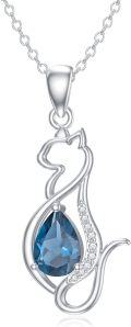 wholesale 925 Sterling Silver Teardrop Blue Topaz and Cubic Zirconia Cat Pendant Necklace 18+2 Chain for Women-0-0
