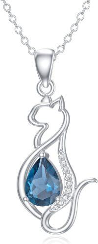 wholesale 925 Sterling Silver Teardrop Blue Topaz and Cubic Zirconia Cat Pendant Necklace 18+2 Chain for Women-Blue-Topaz