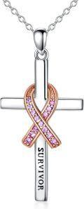 wholesale 925 Sterling Silver Breast Cancer Survivor Pink Ribbon Cross Pendant Necklace Awareness s for Women Girls-0-0