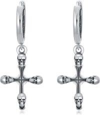 wholesale 925 Sterling Silver Skull & Cross Dangle Huggie Hoop Earrings Religious  for Women Men-Skull Cross