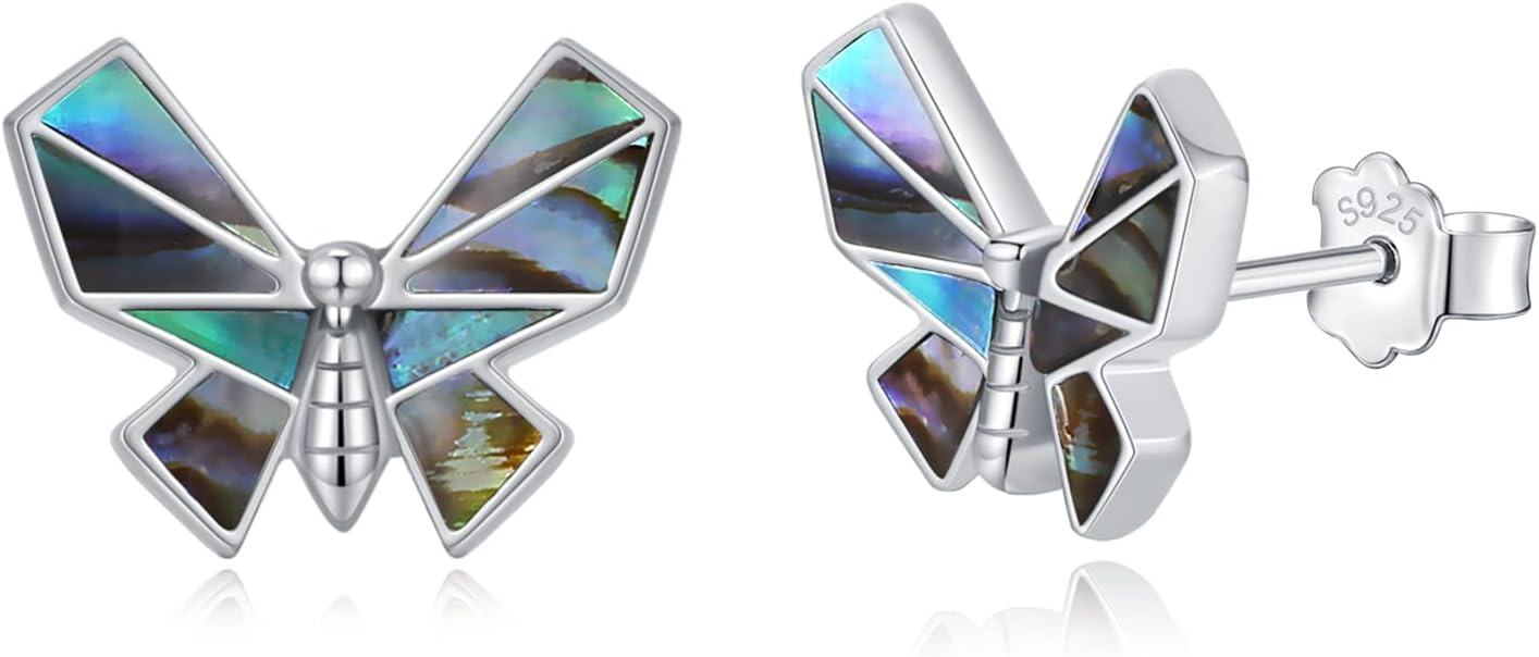  Sterling Silver Animal Stud Earrings Butterfly Unicorn Yorkie Beagle Axolotl Frog Cow Panda Dog Dino Cat Hedgehog Sloth -Abalone Shell-2