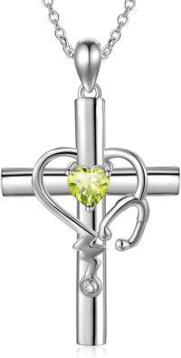 wholesale  Metal Stone Stethoscope Cross Pendant Necklace for Nurse Doctor Graduation -August-Peridot