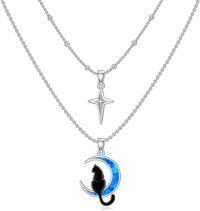 wholesale 925 Sterling Silver Cat & Star Layered Necklace with Moon Charm, Hypoallergenic Gift for Women-black cat