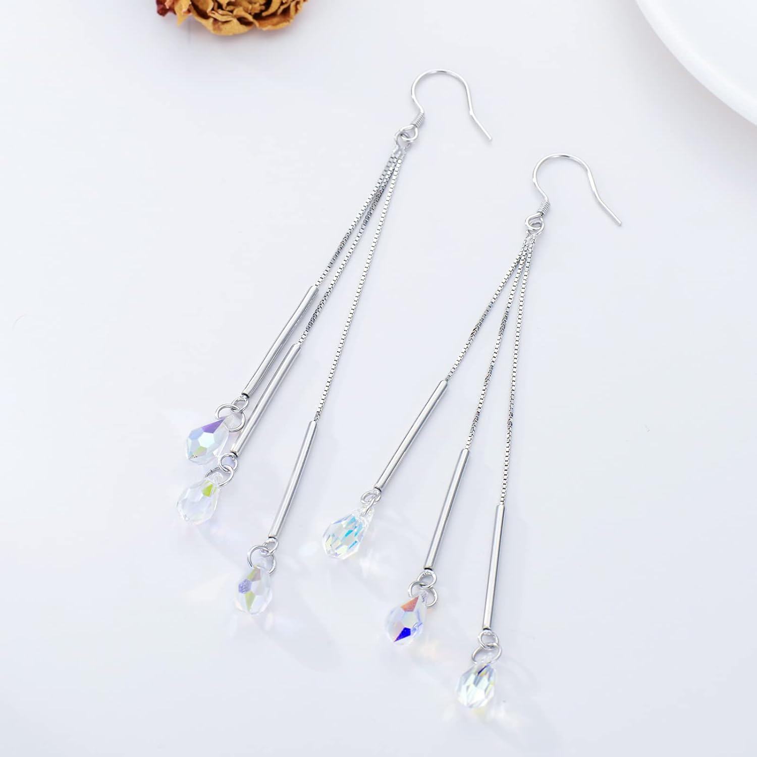 Sterling Silver Austrian Crystals Aurora Borealis Teardrop Dangle Earrings-0-3