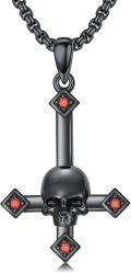 wholesale Black  Skull Cross Pendant Necklace  with Red CZ Stones - Religious Christian s for Women and Men-0-0