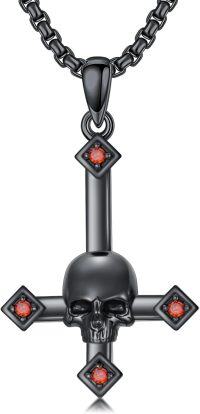 wholesale Black  Skull Cross Pendant Necklace  with Red CZ Stones - Religious Christian s for Women and Men-Skull Cross