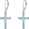 wholesale 925 Sterling Silver Turquoise Stone Inlay Cross Dangle Leverback Earrings for Women-0-0