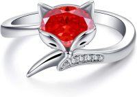 wholesale Sterling Silver Simulated Aquamarine Crystal Fox Ring for Women Adjustable Fox Tail Open Ring Birthday Anniversary Gift for Fox Lovers-Red