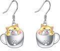 wholesale 925 Sterling Silver Coffee Cup with Cat Pendant Dangle Earrings for Women Girls Gifts-0-0