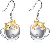 wholesale 925 Sterling Silver Coffee Cup with Cat Pendant Dangle Earrings for Women Girls Gifts-Shiba Inu dog
