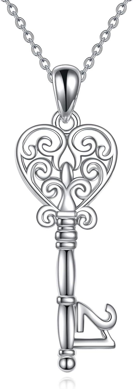  Metal Sterling Silver Stone Key Necklace 10th 18th 21st Birthday Pendant Jewelry Women Gift -0-0