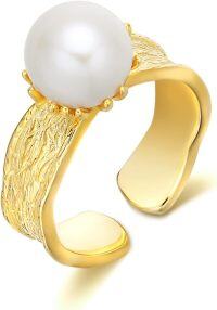 wholesale Sterling Silver Real Natural Freshwater Pearl Adjustable Ring Women-Gold
