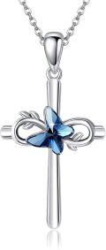 wholesale 925 Sterling Silver Blue Crystal Butterfly Cross Pendant Necklace for Women and Men Jewelry-0-0