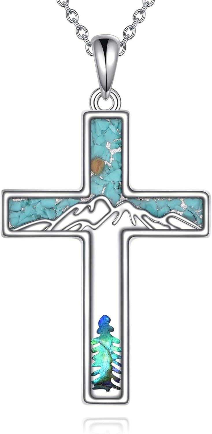 wholesale 925 Sterling Silver Turquoise Tree of Life Cross Pendant Necklace Jewelry for Women and Men-0-0