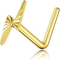 wholesale 14k Yellow Gold L-Shaped Nose Ring with Cubic Zirconia Cut Design and Lightning Bolt Detailing-Lightning Bolt-18G