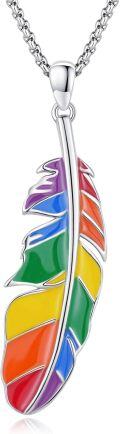 wholesale 925 Sterling Silver Rainbow Feather Necklace for Women Men Pride LGBTQ Jewellery Gift 48cm Chain Length-0-0