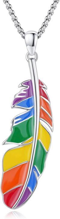 wholesale 925 Sterling Silver Rainbow Feather Necklace for Women Men Pride LGBTQ Jewellery Gift 48cm Chain Length-Feather