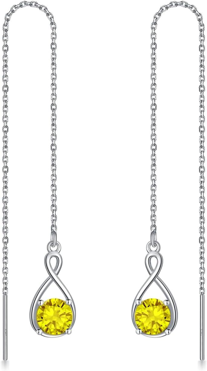  Sterling Silver Birthstone Threader Earrings Infinity Long Chain Drop Pull Through 12 Stone Birthday Jewelry Gifts for Women -0-0