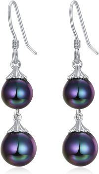 wholesale 925 Sterling Silver Purple Black Pearl Double Drop Dangle Earrings for Women-art deco