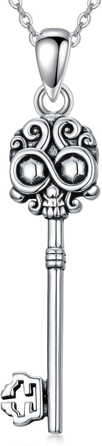 Sterling Silver Key Pendant Necklace with Butterfly Skull Saturn for Women Men-0-1