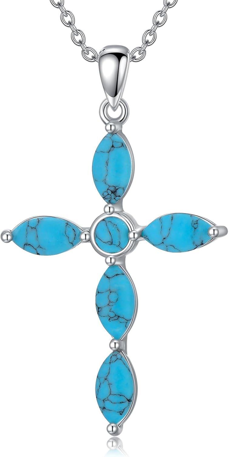Sterling Silver Turquoise Pendant Cross Necklace Vintage Boho Victorian Jewelry Gift-Cross 1