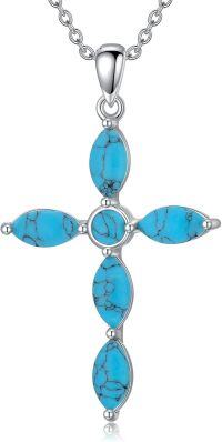 wholesale 925 Sterling Silver Turquoise Marquise Stone Cross Pendant Necklace for Women Girls Vintage Bohemian Victorian Style s 45cm Chain Length-Cross 1