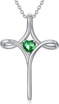 wholesale 925 Sterling Silver Green Heart Birthstone Cross Necklace for Women Christian Jewelry Confirmation Baptism Gift-5-May-Emerald