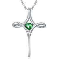 wholesale 925 Sterling Silver Green Heart Birthstone Cross Necklace for Women Christian Jewelry Confirmation Baptism Gift-5-May-Emerald
