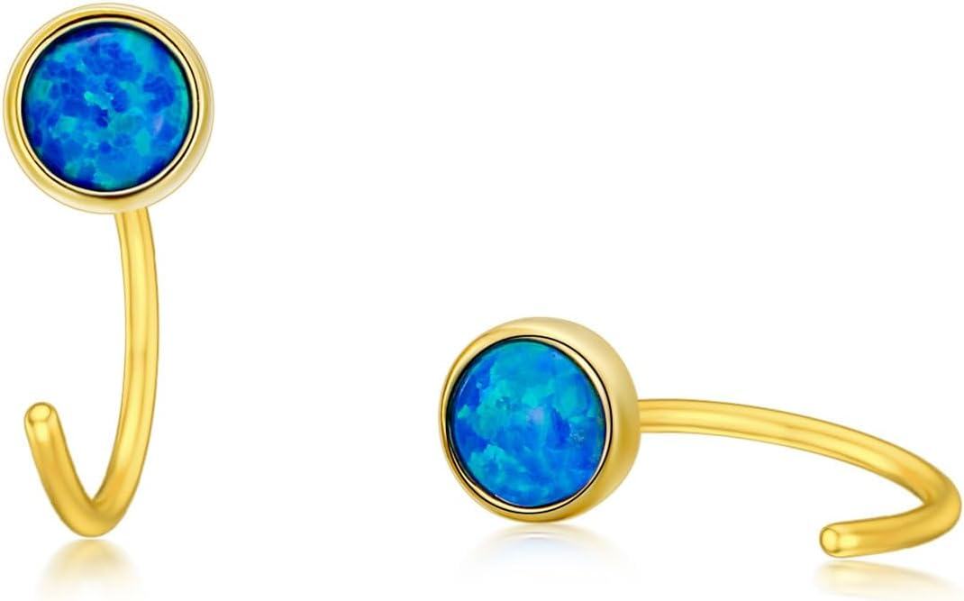 14K Gold Opal Butterfly Infinity Heart Cross Triangle Lightning Daisy Huggie Hoop Earrings for Women-blue opal