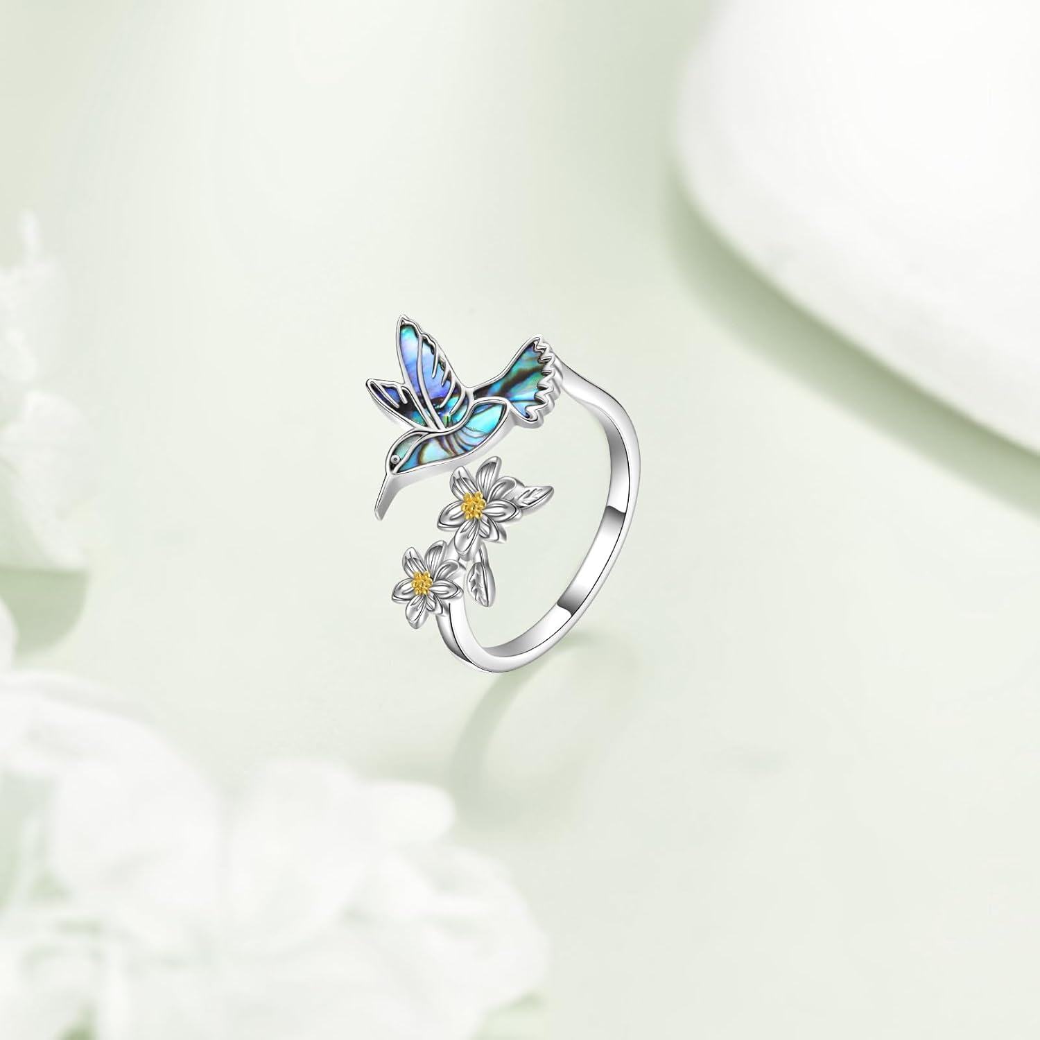925 Sterling Silver Abalone Shell Hummingbird & Flowers Adjustable Open Ring for Women Girls Gifts Jewelry Accessories-0-2
