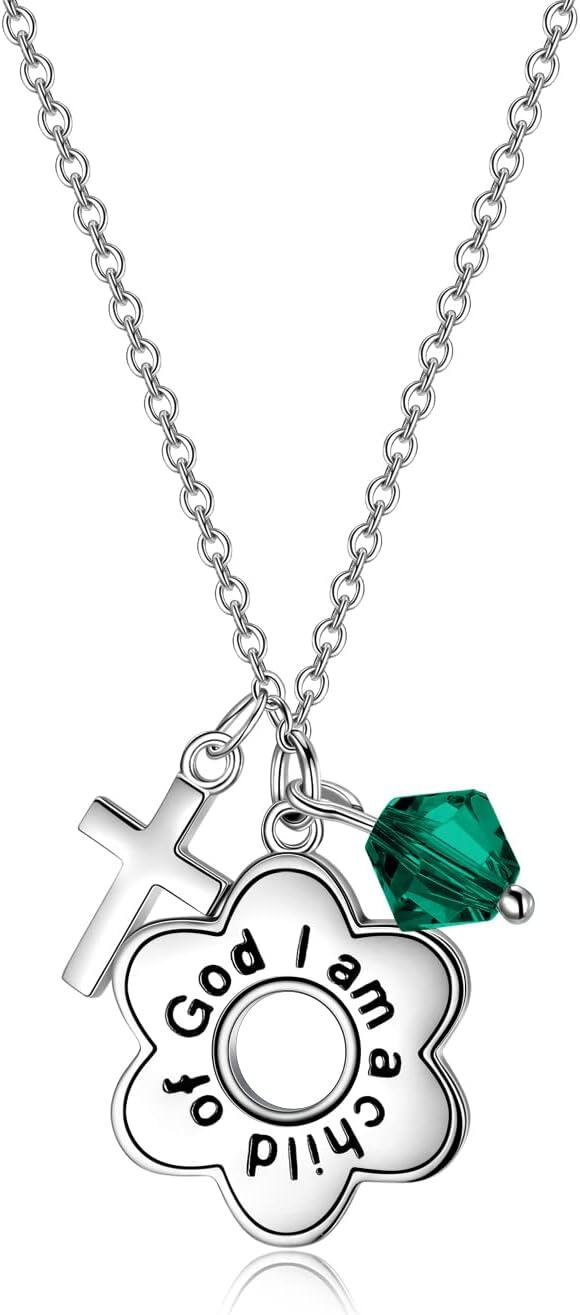Sterling Silver Daisy Child of God Necklace for Girls Baptism Communion Birthday-Simulated Emerald