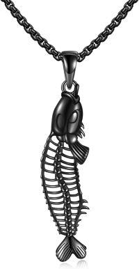wholesale 925 Sterling Silver Black Skeleton Fish Pendant Necklace  Punk Style Jewelry for Women and Men-Fish Bones