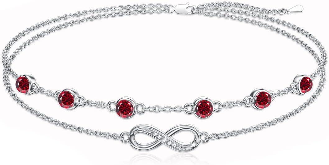 Sterling Silver Birthstone Women s Anklet Bracelets Infinity Butterfly Evil Eye Turtle Pineapple Starfish Heart-Anklet 9"-11"-Infinity 01-Garnet