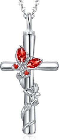 wholesale 925 Sterling Silver White Gold Plated Butterfly Cross Urn Necklace w Birthstone for Ashes Memorial Jewelry-Butterfly Cross Urn-Jul