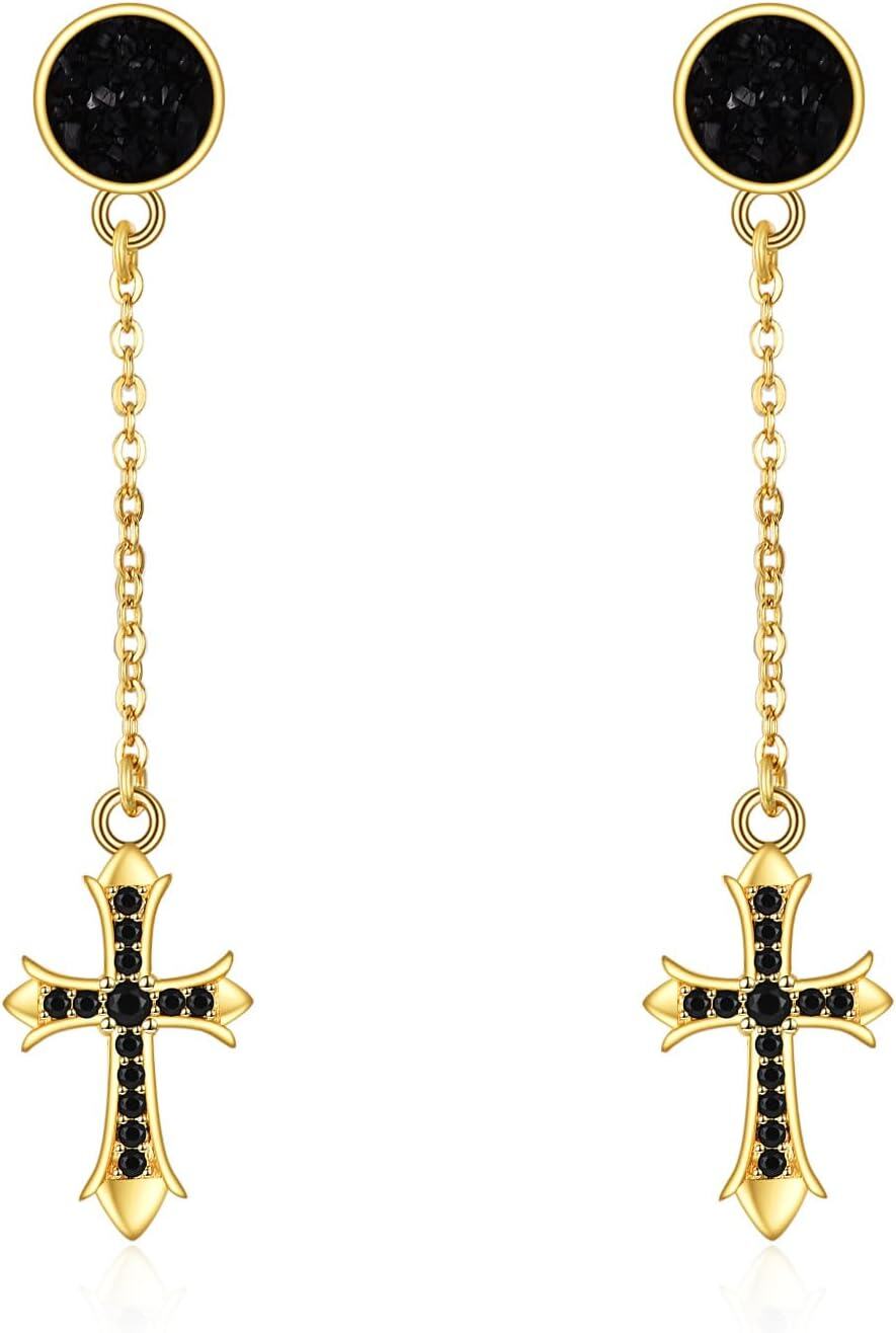 Sterling Silver Celtic Cross Drop Dangle Earrings Irish Fashion Jewelry Gift for Women-Cross-Black Gold Chain