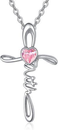 wholesale 925 Sterling Silver Simulated Gemstone Faith Cross Birthstone Necklace for Women Christian Gifts-10-Pink Tourmaline