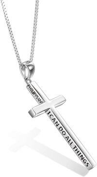 wholesale 925 Sterling Silver & White Gold Plated Minimalist Cross Necklace Engraved Philippians 4:13 - 31.9mm Pendant, 20 Chain, Hypoallergenic Christian Jewelry Gift for Women-Customized