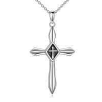 wholesale 925 Sterling Silver Origami Cross Pendant Necklace with Black Stone Accents for Women and Men-A.Cross
