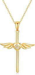 wholesale 14K Gold Angel Wing Heart Faith Cross Pendant Necklace for Women - Baptism Gift for Mom or Wife-0-0