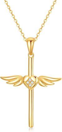 wholesale 14K Gold Angel Wing Heart Faith Cross Pendant Necklace for Women - Baptism Gift for Mom or Wife-Angle Wings Cross