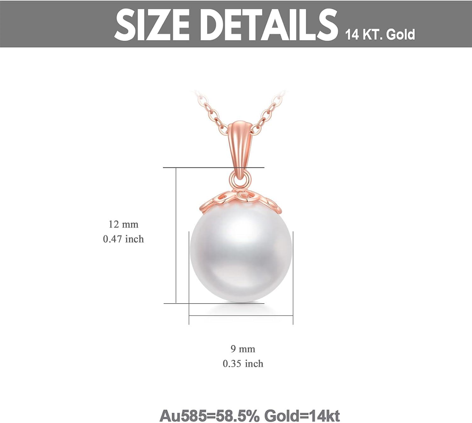 14K Gold 9mm Freshwater Pearl Pendant Necklace for Women 16 +2 -0-5