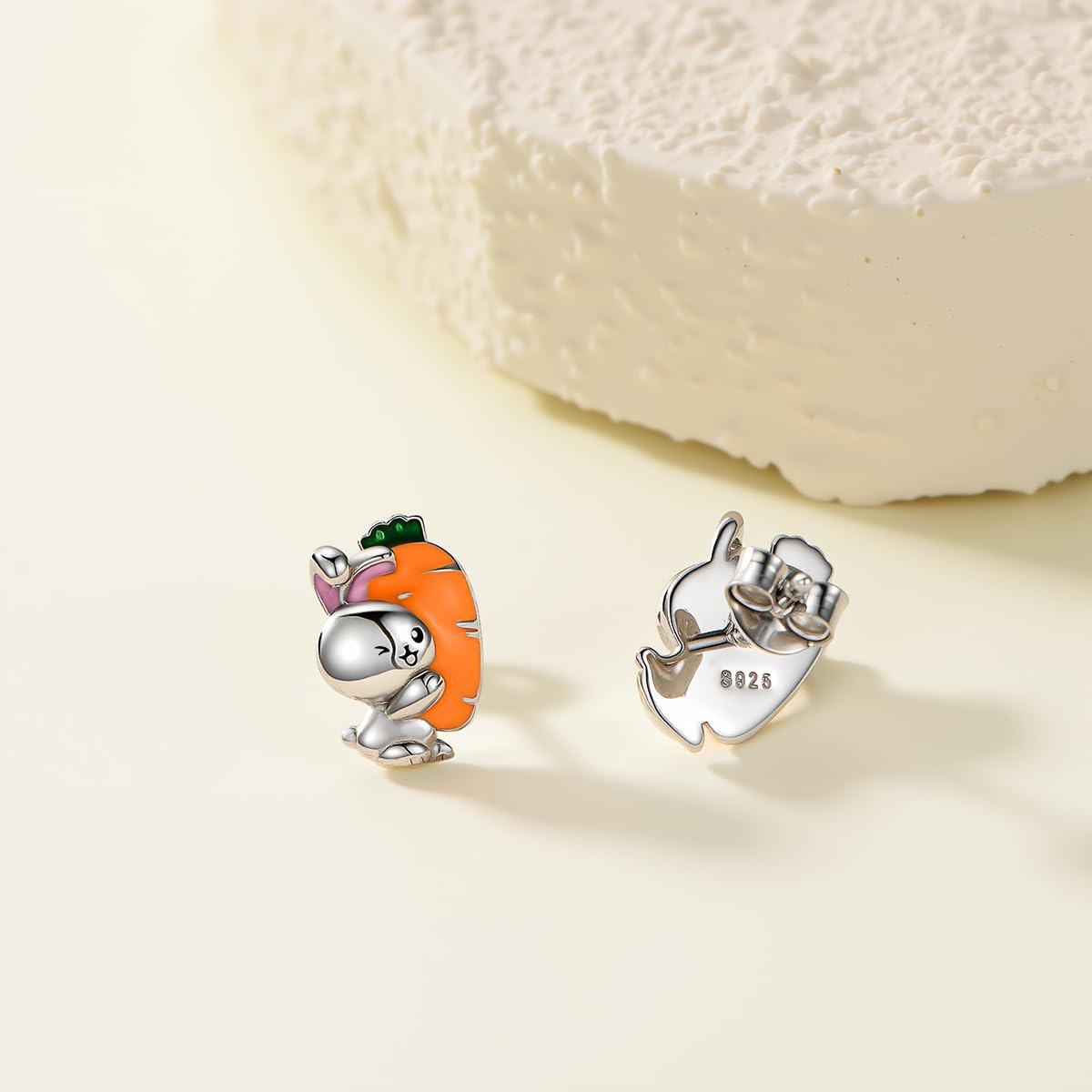 wholesale 925 Sterling Silver Carrot-Shaped Bunny Studs - Adorable Rabbit Easter  for Girls and Women-0-3
