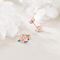 wholesale Gold 925 Sterling Silver Rose Stud Earrings with Cubic Zirconia and Green Leaves for Women's Gifts - Perfect for Birthdays & Holidays-0-14