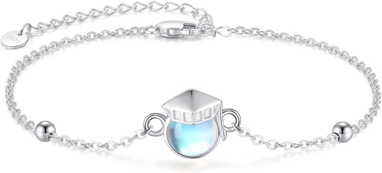 wholesale 925 Sterling Silver Moonstone Graduation Cap Charm Bracelet Gift for Women-0-0