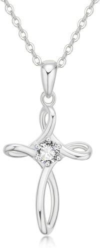 wholesale 14K Gold & Synthetic Moissanite Tiny Cross Pendant Necklace - 12.5x18mm, 1.8g, 16 Chain - Gift for Women-White Gold 14K