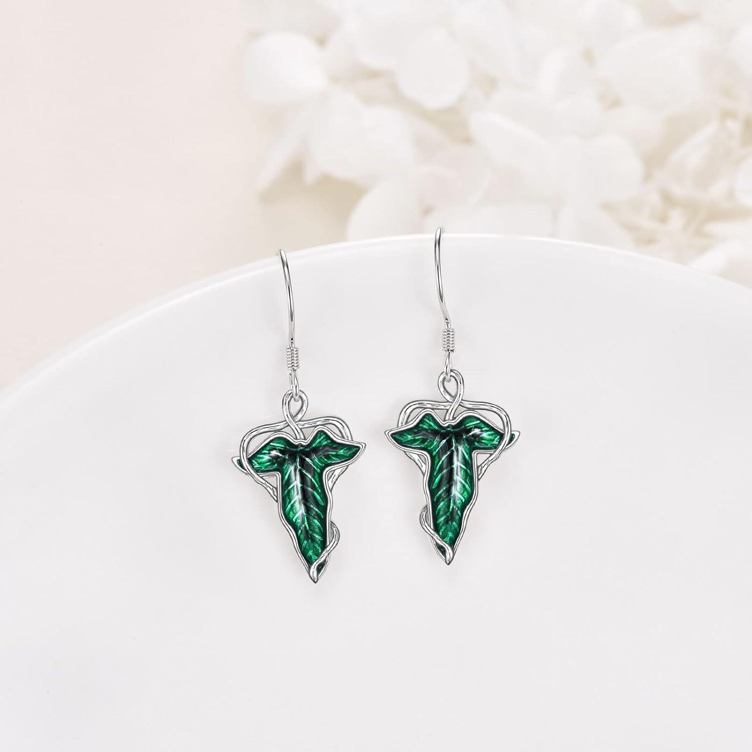 925 Sterling Silver Green Leaf Drop Dangle Earrings with French Hook for Women Girls Gifts-0-3