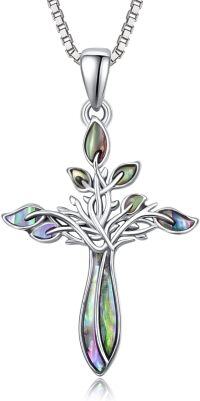 wholesale 925 Sterling Silver Dreamboat Cross Necklace with Abalone Shell Pendant for Women Christian Jewelry Confirmation Gifts Faith Religious Accessories-Silver-Abalone-Tree